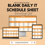 Blank Daily IT Schedule Sheet | Excel & Google Sheet Template | Task Organizer | Shift Planner | Employee Task Tracker | 50% OFF Now!