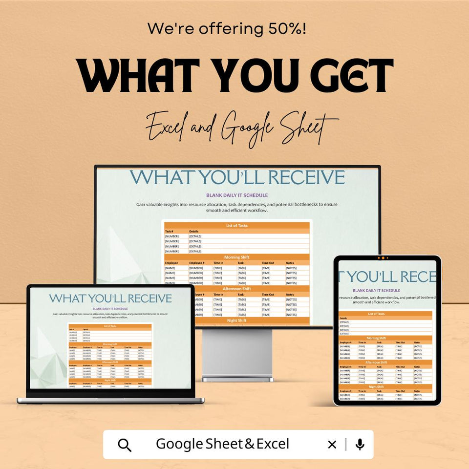 Blank Daily IT Schedule Sheet | Excel & Google Sheet Template | Task Organizer | Shift Planner | Employee Task Tracker | 50% OFF Now!