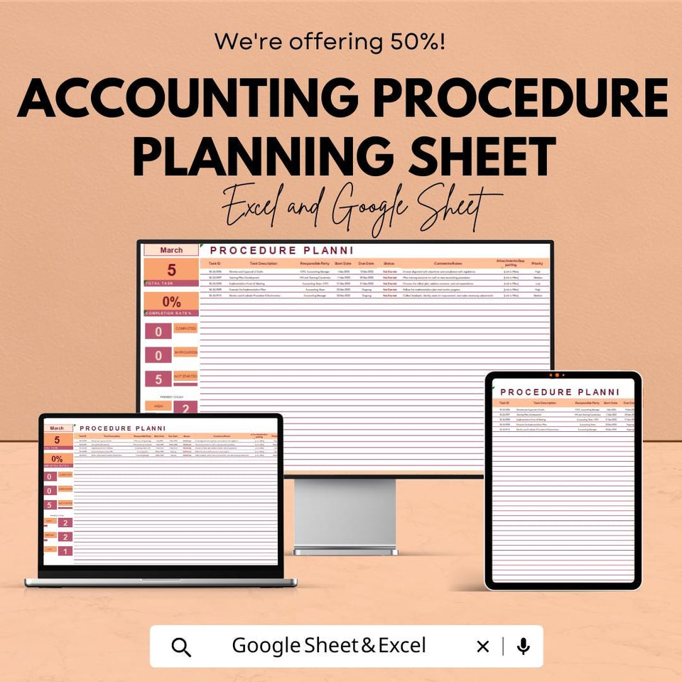 Accounting Procedure Planning Sheet | Excel & Google Sheet Template | Task Scheduler | Budget Tracker | Resource Allocation | 50% OFF Now!