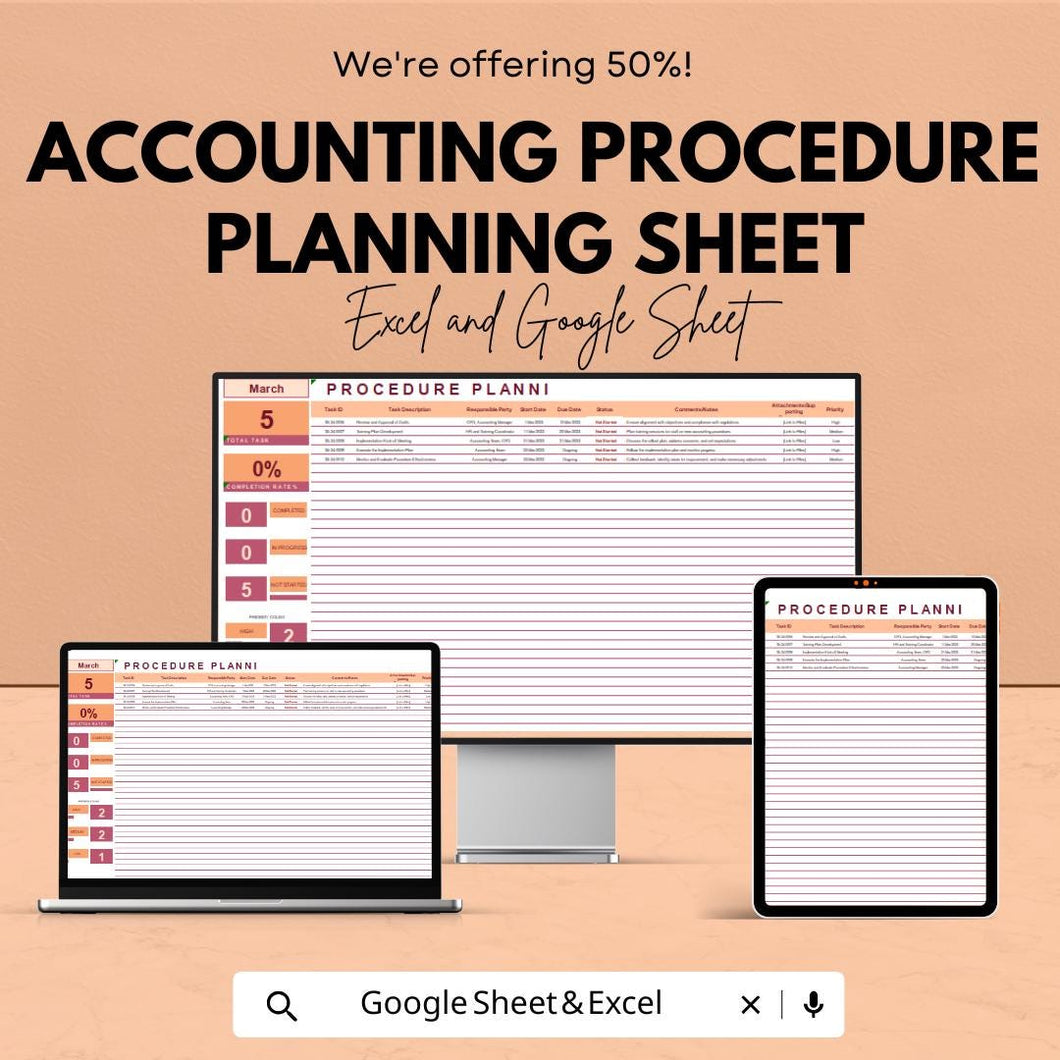 Accounting Procedure Planning Sheet | Excel & Google Sheet Template | Task Scheduler | Budget Tracker | Resource Allocation | 50% OFF Now!