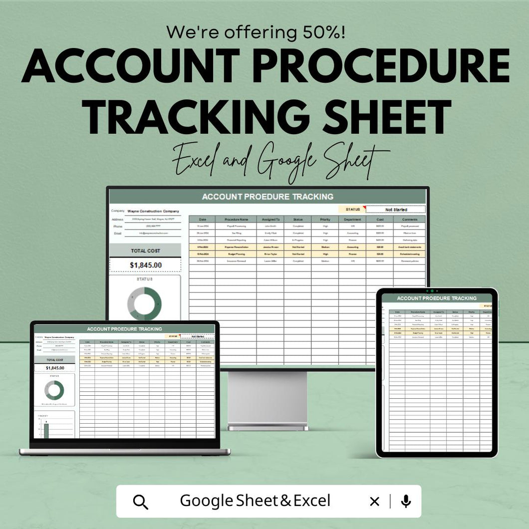 Account Procedure Tracking Sheet | Excel & Google Sheet Template | Task and Budget Tracker | Expense Log | Progress Tracking | 50% OFF!