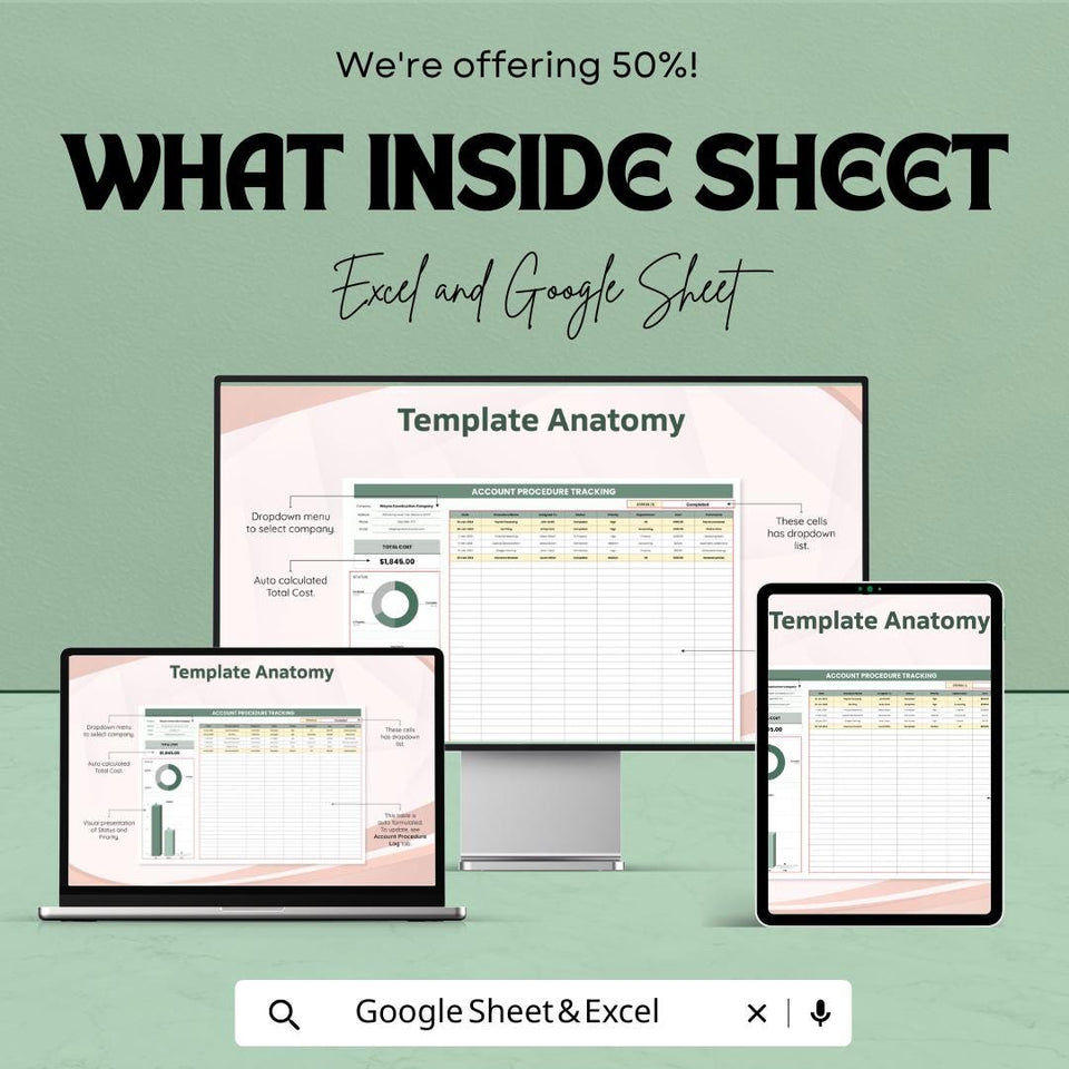 Account Procedure Tracking Sheet | Excel & Google Sheet Template | Task and Budget Tracker | Expense Log | Progress Tracking | 50% OFF!