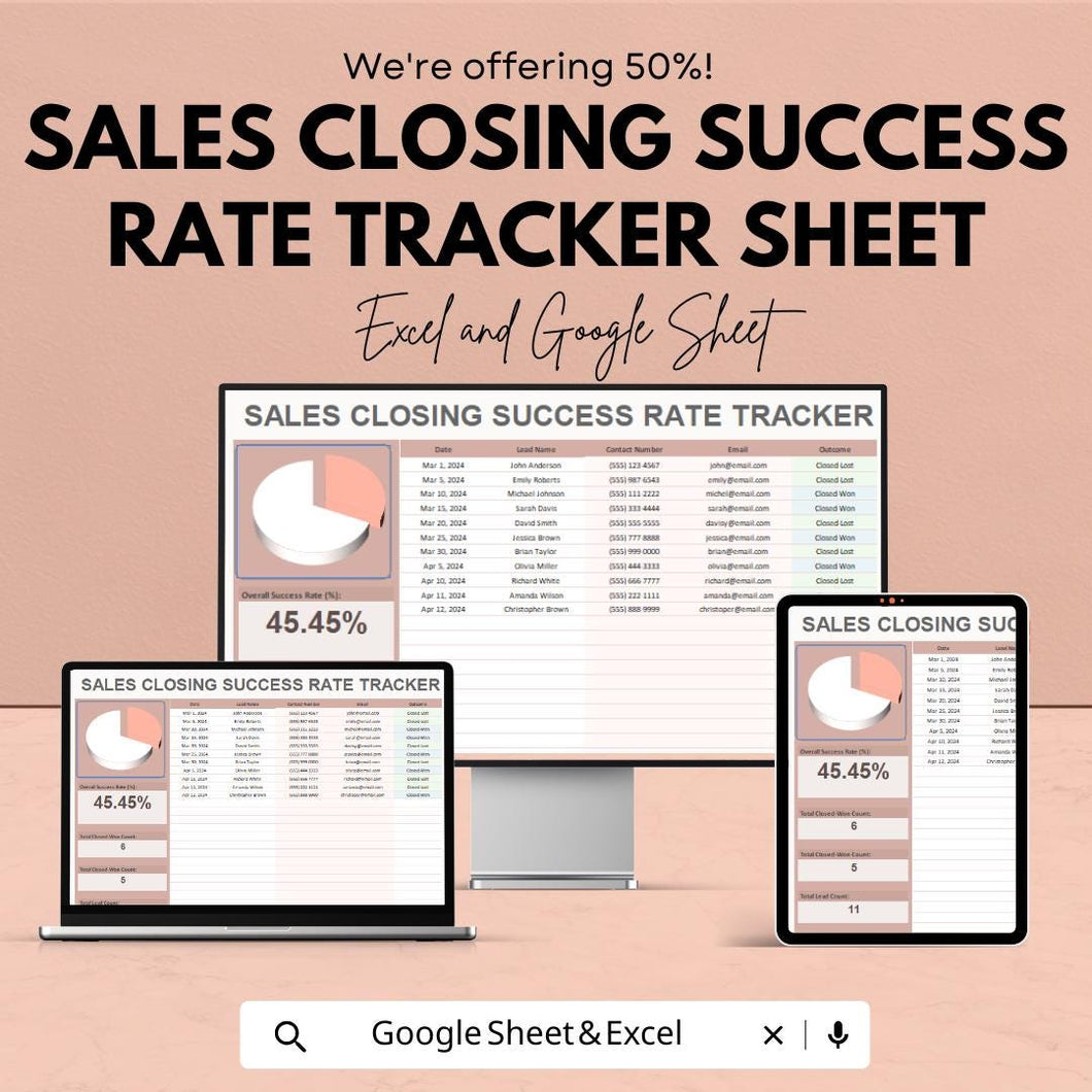 Sales Closing Success Rate Tracker Sheet - Excel & Google Sheets Template | Sales Performance Tracker | Close Rate Monitor for 2024