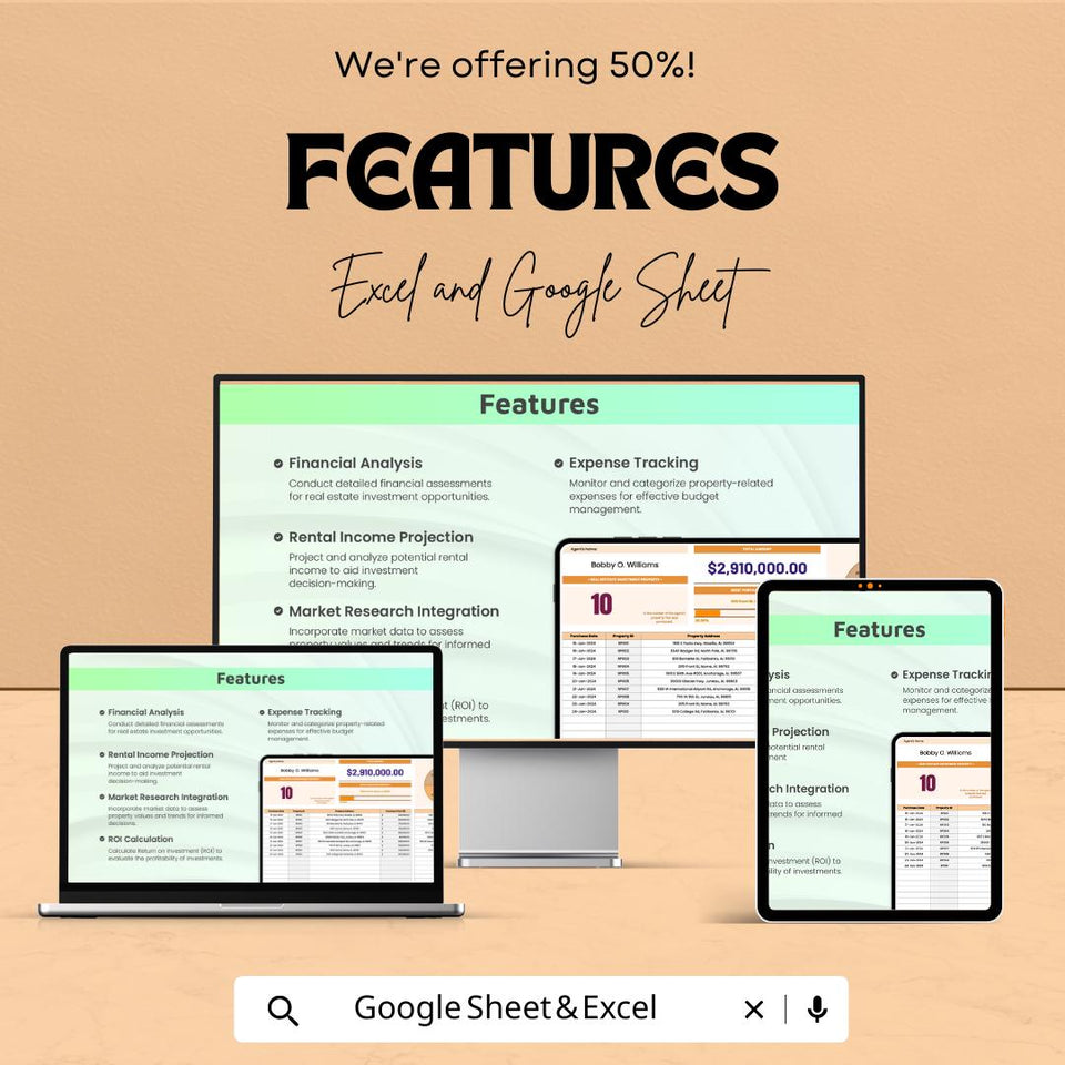 Real Estate Investment Property Sheet – Excel and Google Sheet Template – Property Management, Financial Analysis & Expense Tracking –