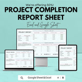 Project Completion Report Sheet | Excel & Google Sheets Template | Track Project Milestones, Budget, and Completion Status |