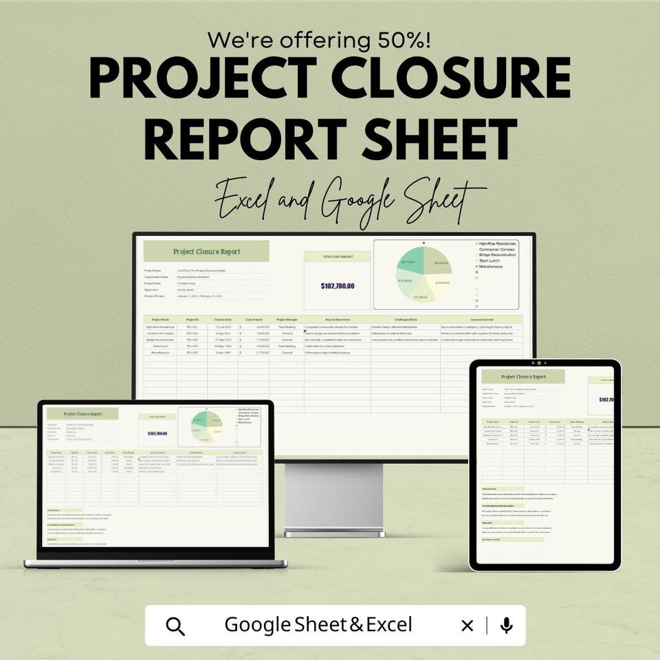 Project Closure Report Sheet | Excel and Google Sheet Template | Project Management Tool | Track Project Outcomes & Closure