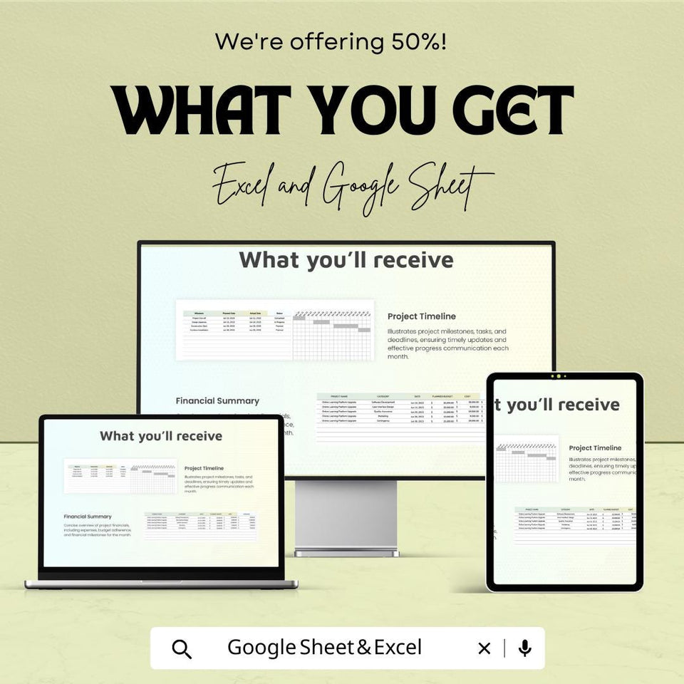 Monthly Project Report Sheet | Excel & Google Sheets Template | Project Tracking, Budgeting, Milestone Monitoring | 50% Off