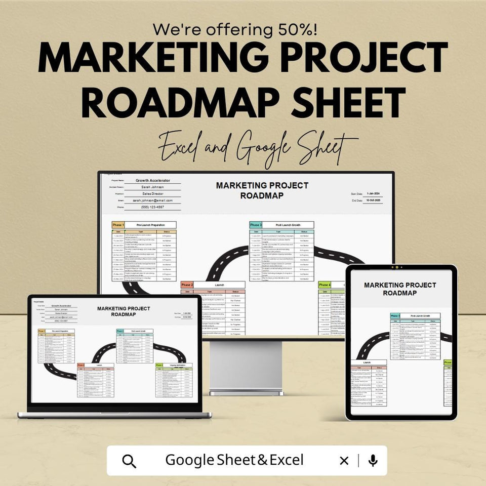 Marketing Project Roadmap Sheet | Excel & Google Sheets Template | Campaign Planning, Goal Setting, Milestone Tracking | 50% Off