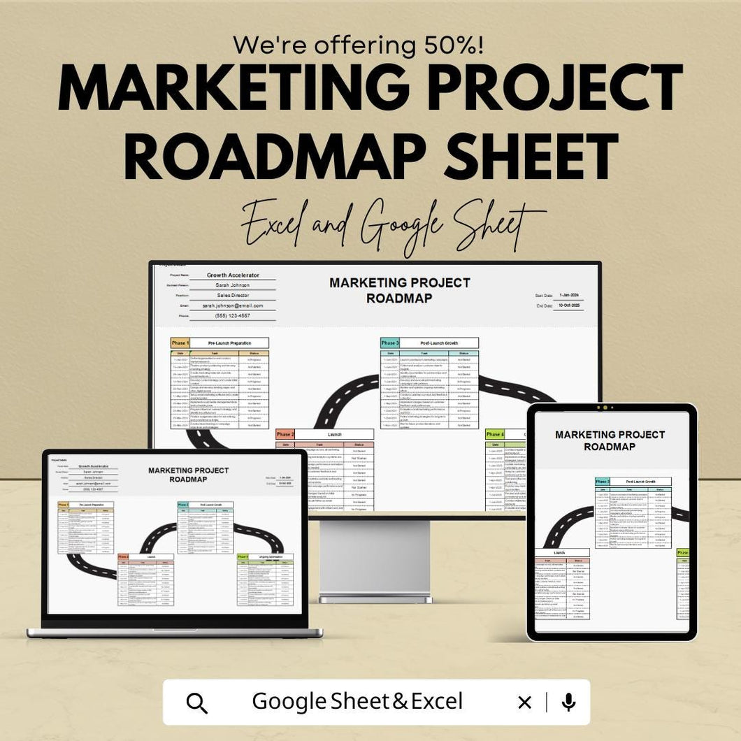 Marketing Project Roadmap Sheet | Excel & Google Sheets Template | Campaign Planning, Goal Setting, Milestone Tracking | 50% Off