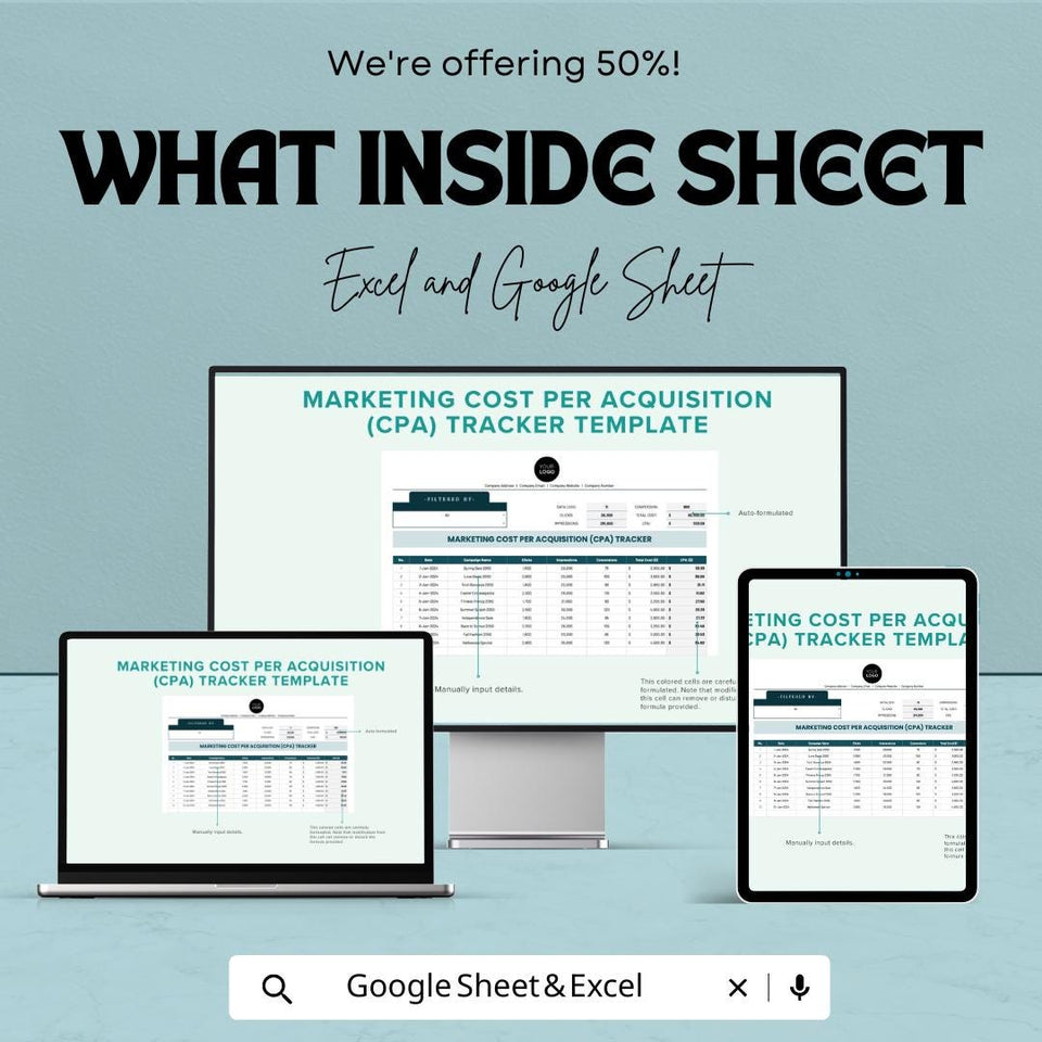Marketing Cost Per Acquisition (CPA) Tracker Sheet - Excel & Google Sheets Template | Advertising Cost Tracker | Campaign Analysis
