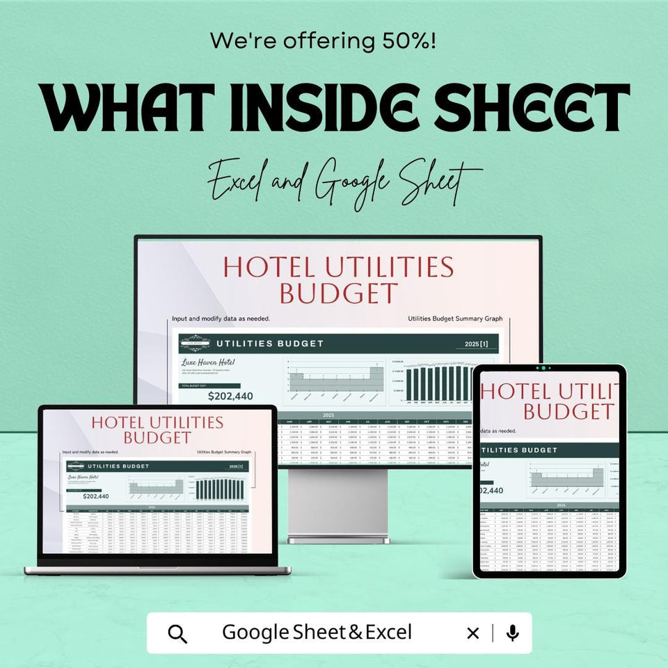 Hotel Utilities Budget Sheet - Excel and Google Sheet - 2025 Financial Planning for Hotels - Track Utilities & Operational Costs |