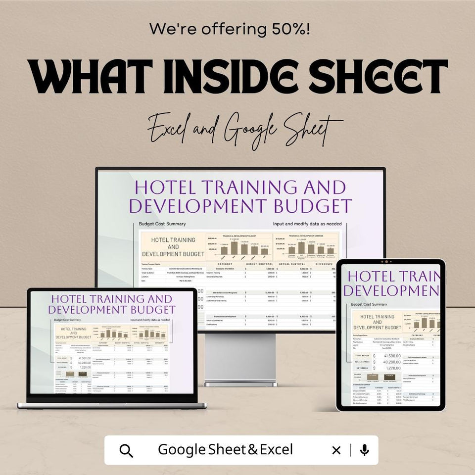 Hotel Training and Development Budget Sheet – Excel & Google Sheet Template – 2024 Training Budgeting for Hotels – Track Staff Training