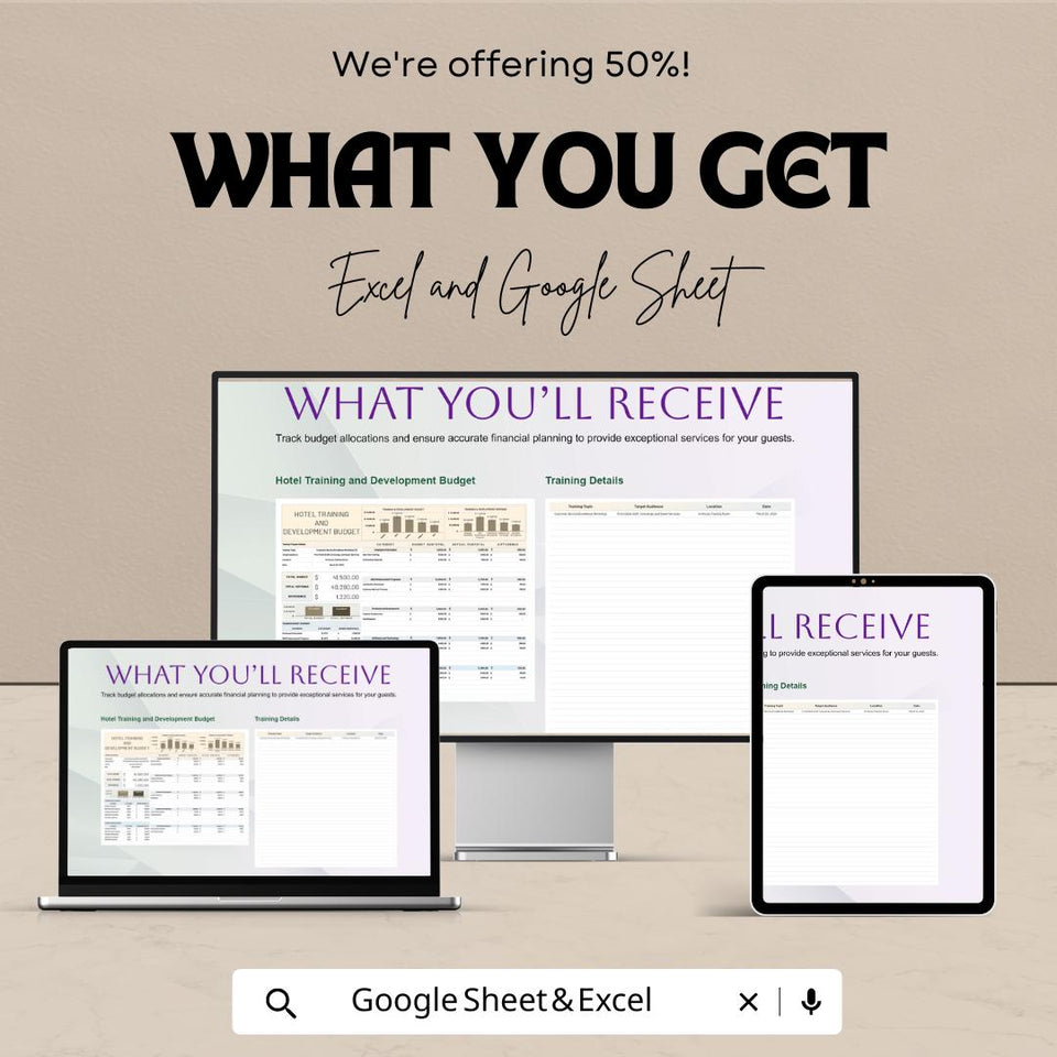 Hotel Training and Development Budget Sheet – Excel & Google Sheet Template – 2024 Training Budgeting for Hotels – Track Staff Training