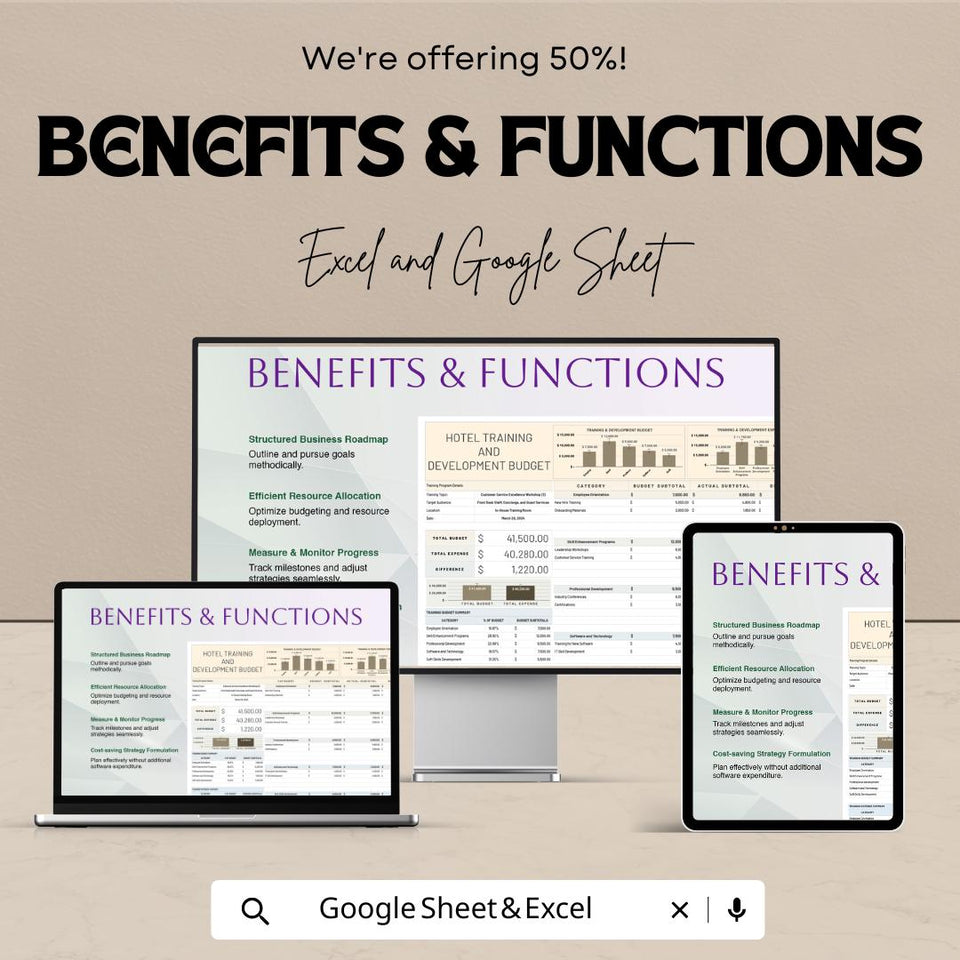 Hotel Training and Development Budget Sheet – Excel & Google Sheet Template – 2024 Training Budgeting for Hotels – Track Staff Training
