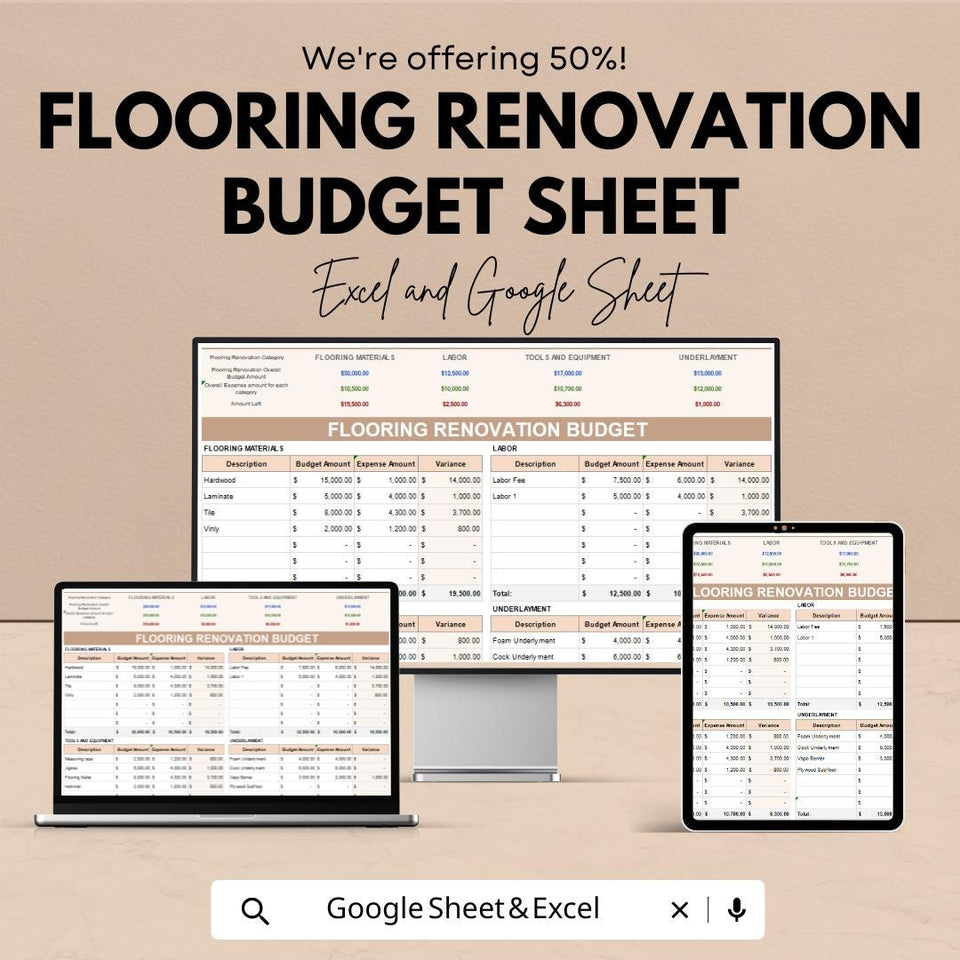 Flooring Renovation Budget Sheet | Excel & Google Sheet Template | Flooring Project Tracker | Home Improvement Budget Planner