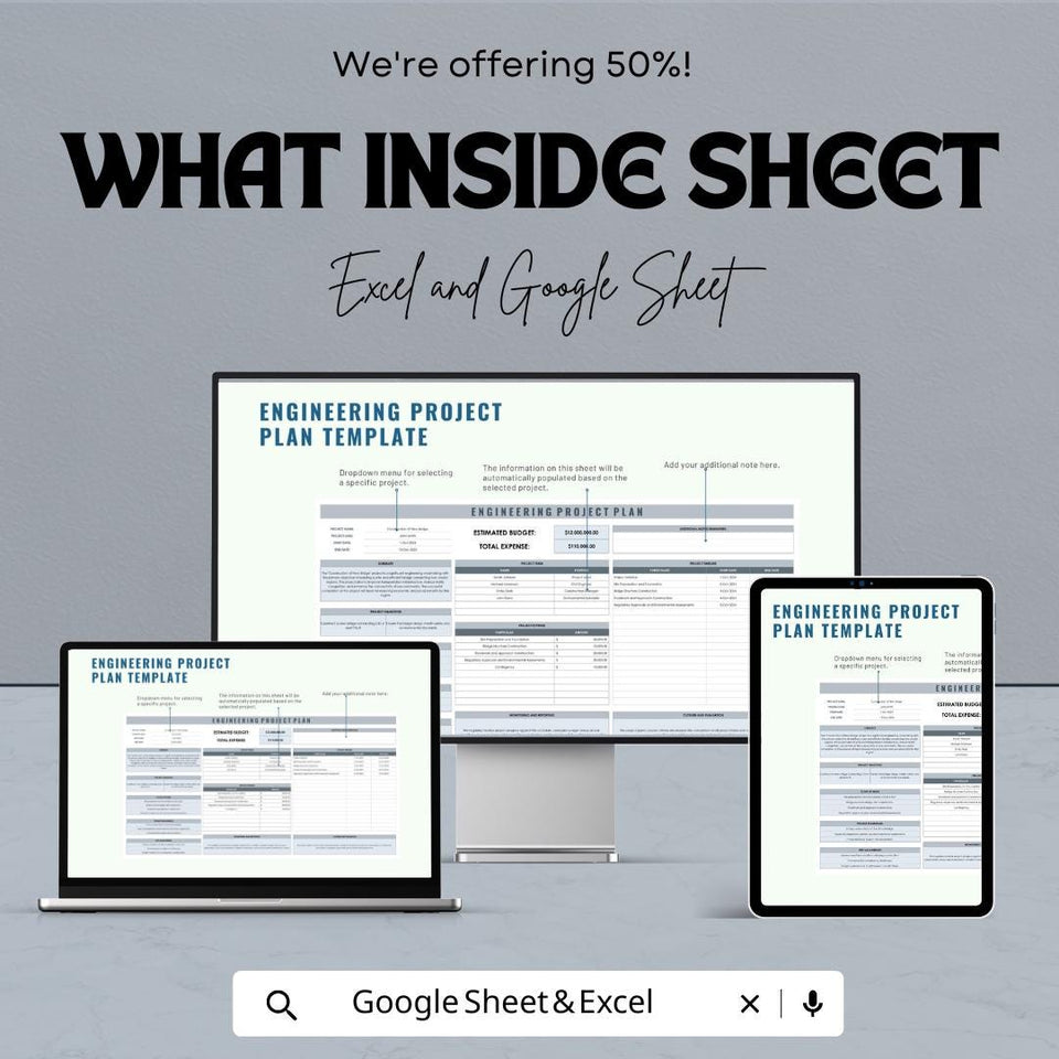 Engineering Project Plan Sheet | Excel & Google Sheets Template | Project Budgeting, Timeline Management, Task Assignment |