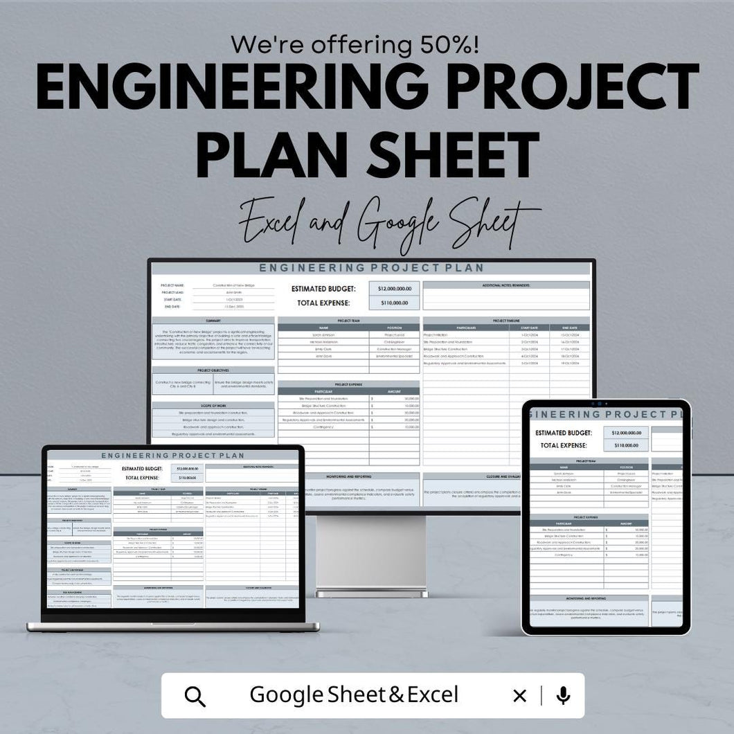 Engineering Project Plan Sheet | Excel & Google Sheets Template | Project Budgeting, Timeline Management, Task Assignment |