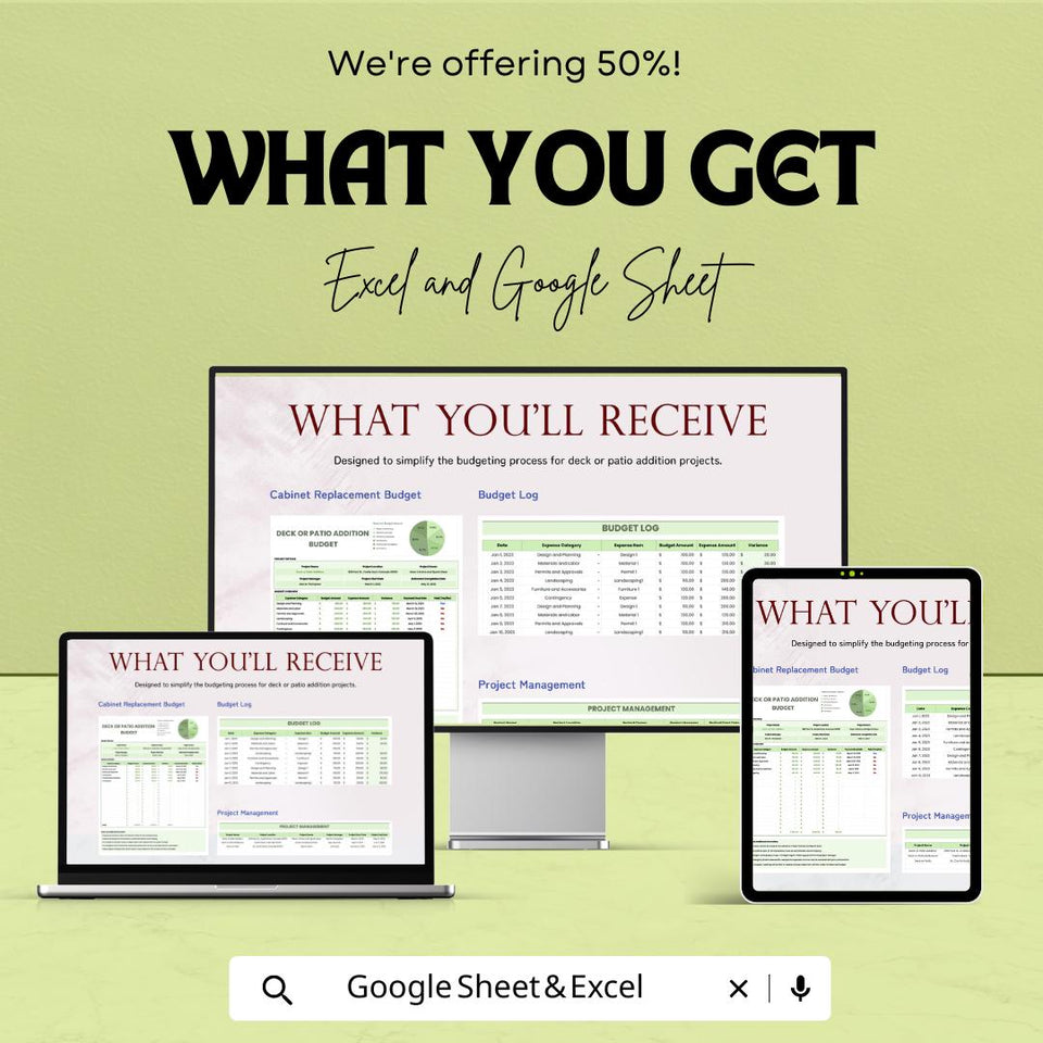 Deck or Patio Addition Budget Sheet - Excel & Google Sheets Template for Project Cost Planning