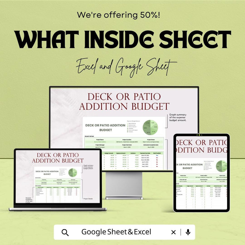 Deck or Patio Addition Budget Sheet - Excel & Google Sheets Template for Project Cost Planning