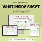 Deck or Patio Addition Budget Sheet - Excel & Google Sheets Template for Project Cost Planning