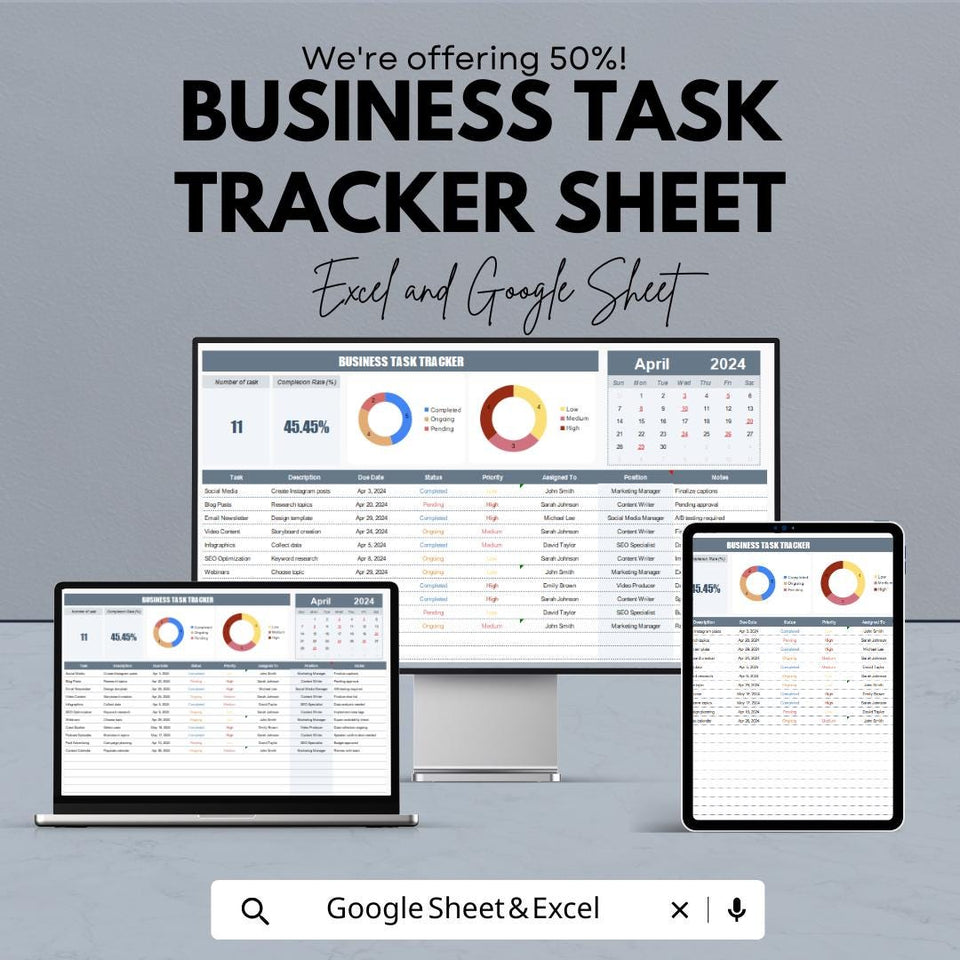 Business Task Tracker Sheet | Excel & Google Sheets Template | Task Management, Goal Setting, Employee Tracking | 50% Off