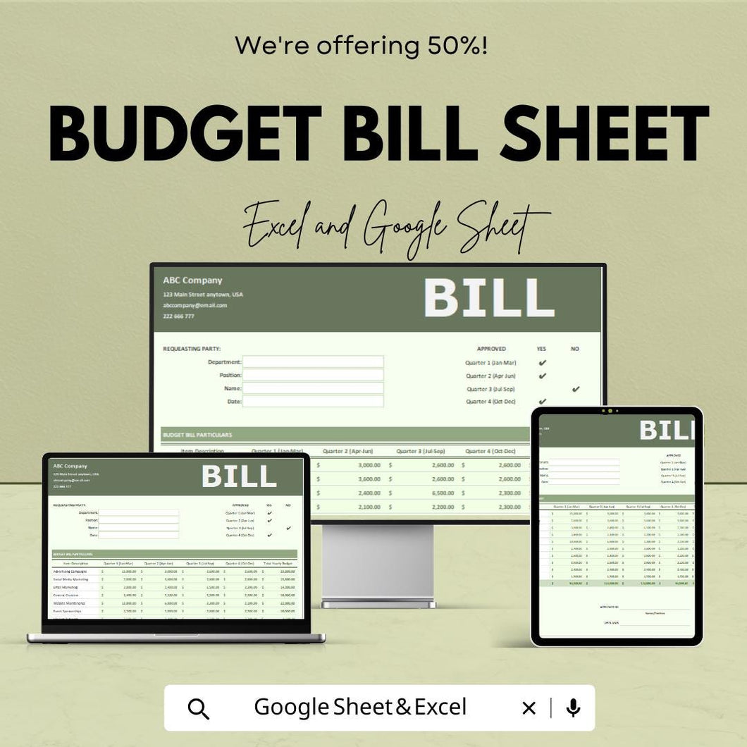 Budget Bill Sheet – Excel & Google Sheets Template for Efficient Budgeting – 50% Off