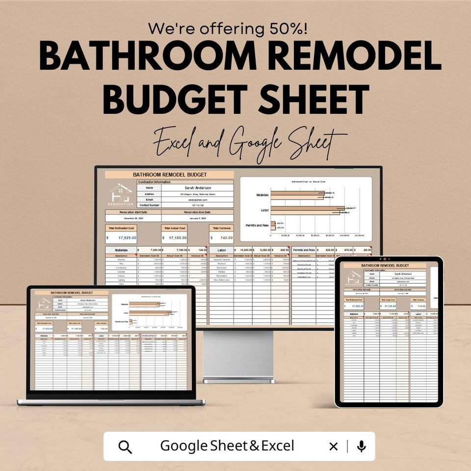 Bathroom Remodel Budget Sheet | Excel & Google Sheets Template | Renovation Budget Tracker | Home Improvement Budget Tool