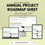 Annual Project Roadmap Sheet | Google Sheets Template | Project Planning, Goal Setting, Milestone Tracking, Timeline Visualization |