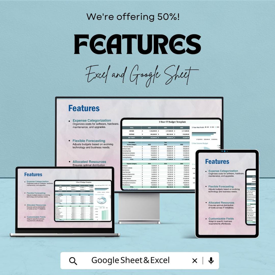 3-Year IT Budget Sheet | Excel & Google Sheet Template | IT Financial Management | IT Expense Tracker | Flexible Budget Forecasting