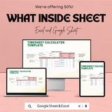 Timesheet Calculator Sheet - Excel and Google Sheets - Employee Time Tracking & Payroll Management - Hours Worked, Overtime,