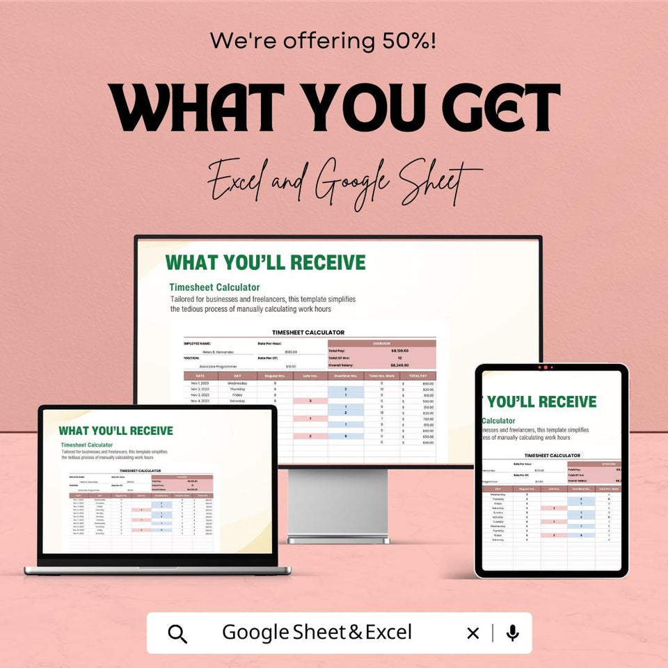 Timesheet Calculator Sheet - Excel and Google Sheets - Employee Time Tracking & Payroll Management - Hours Worked, Overtime,