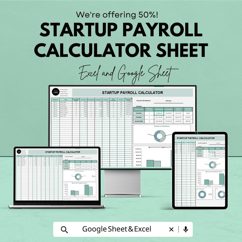 Startup Payroll Calculator Sheet | Excel and Google Sheets Template | Salary, Deductions & Taxes Tracker | 50% OFF