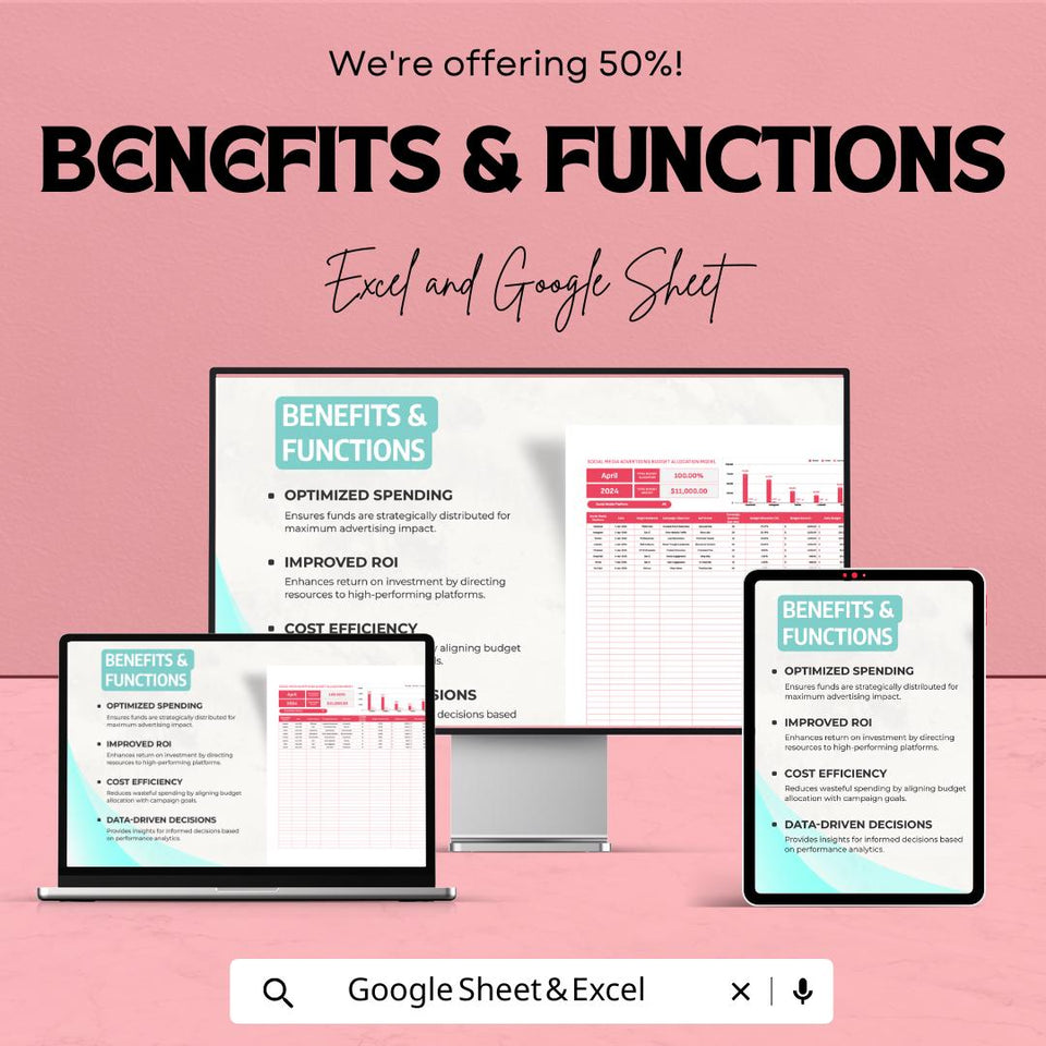 Social Media Advertising Budget Allocation Model Sheet | Excel and Google Sheets Template | Track & Adjust Ad Spend | 50% OFF