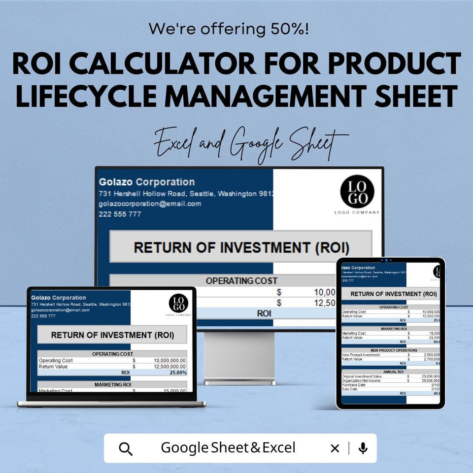 ROI Calculator for Product Lifecycle Management | Excel and Google Sheets Template | Cash Flow, Investment & Marketing ROI | 50% OFF