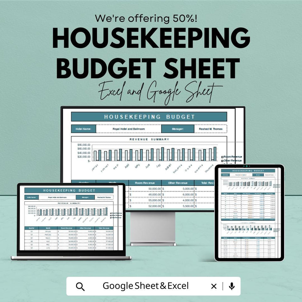 Housekeeping Budget Sheet Template | Excel and Google Sheets | Hotel Budget Management, Cleaning & Labor Costs, Expense Tracking