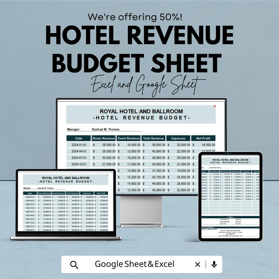 Hotel Revenue Budget Sheet – Excel & Google Sheets – Efficient Financial Planning for Hotels – 50% OFF