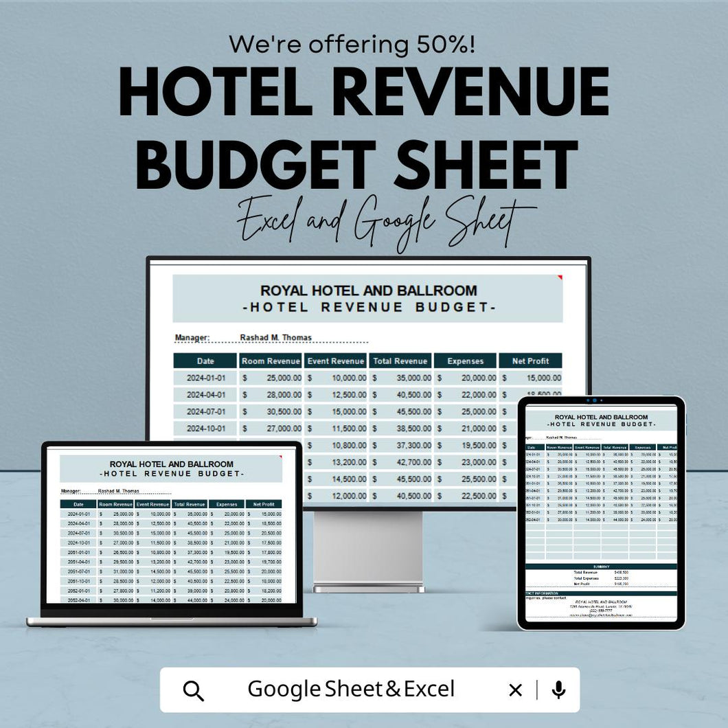 Hotel Revenue Budget Sheet – Excel & Google Sheets – Efficient Financial Planning for Hotels – 50% OFF