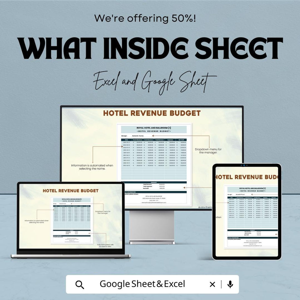 Hotel Revenue Budget Sheet – Excel & Google Sheets – Efficient Financial Planning for Hotels – 50% OFF