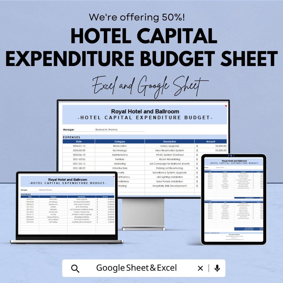 Hotel Capital Expenditure Budget Sheet – Excel and Google Sheets – Manage Hotel Investments & Expenses Efficiently – 50% OFF