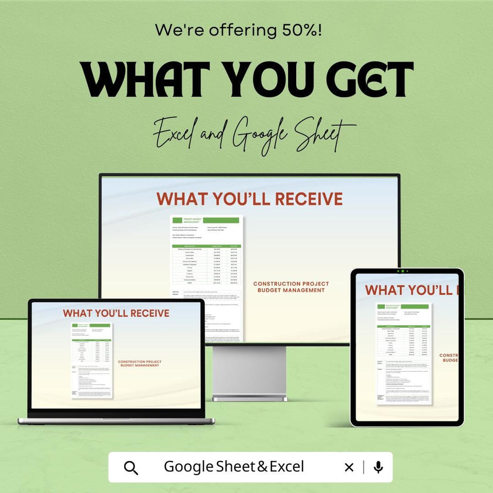 Construction Project Budget Management Sheet - Excel & Google Sheets Template - Budget Planning, Project Costing, Expense Tracker