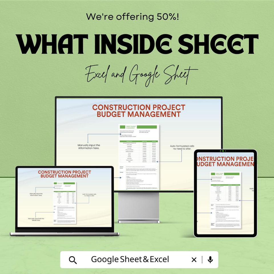 Construction Project Budget Management Sheet - Excel & Google Sheets Template - Budget Planning, Project Costing, Expense Tracker
