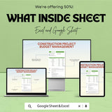 Construction Project Budget Management Sheet - Excel & Google Sheets Template - Budget Planning, Project Costing, Expense Tracker