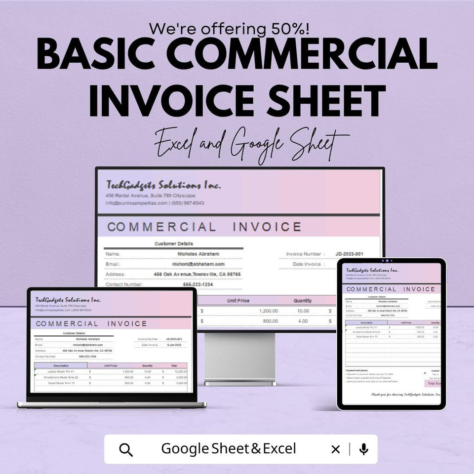 Basic Commercial Invoice Sheet - Excel & Google Sheets Template for Professional Invoicing, Customizable Invoice Generator - 50% Off