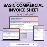 Basic Commercial Invoice Sheet - Excel & Google Sheets Template for Professional Invoicing, Customizable Invoice Generator - 50% Off