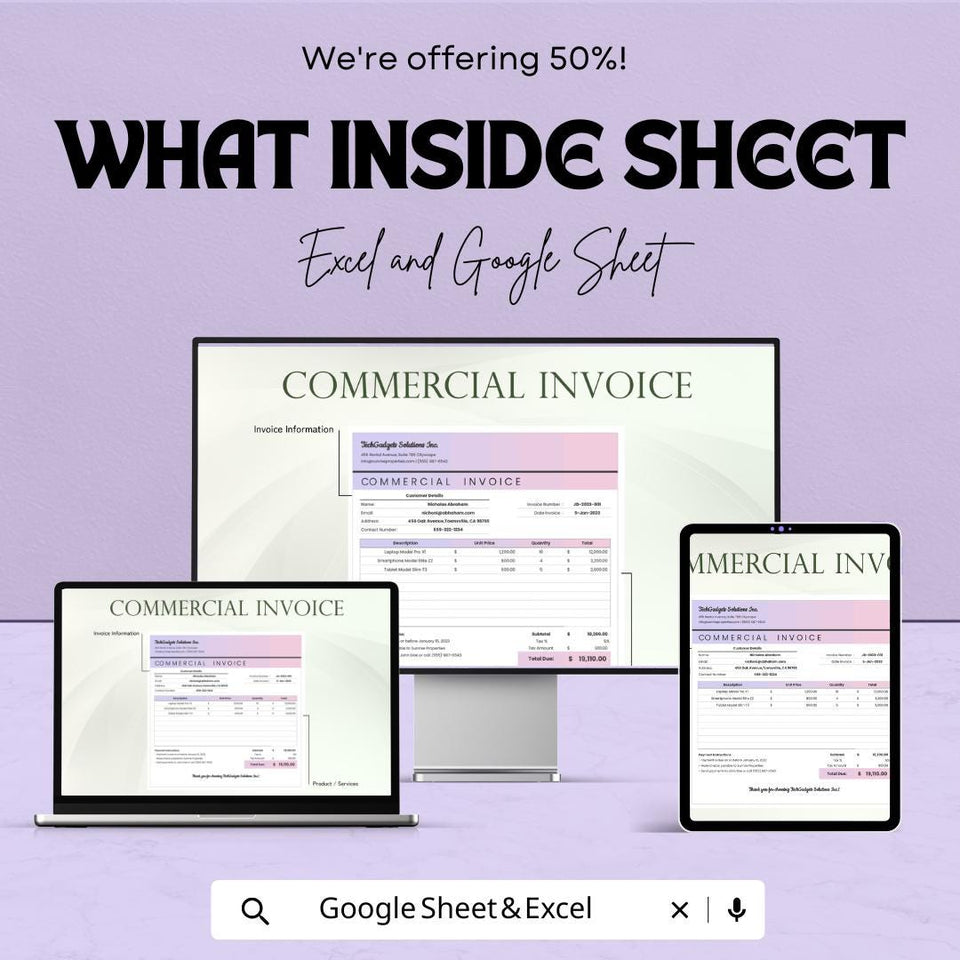 Basic Commercial Invoice Sheet - Excel & Google Sheets Template for Professional Invoicing, Customizable Invoice Generator - 50% Off