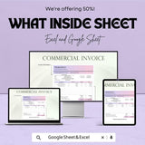 Basic Commercial Invoice Sheet - Excel & Google Sheets Template for Professional Invoicing, Customizable Invoice Generator - 50% Off