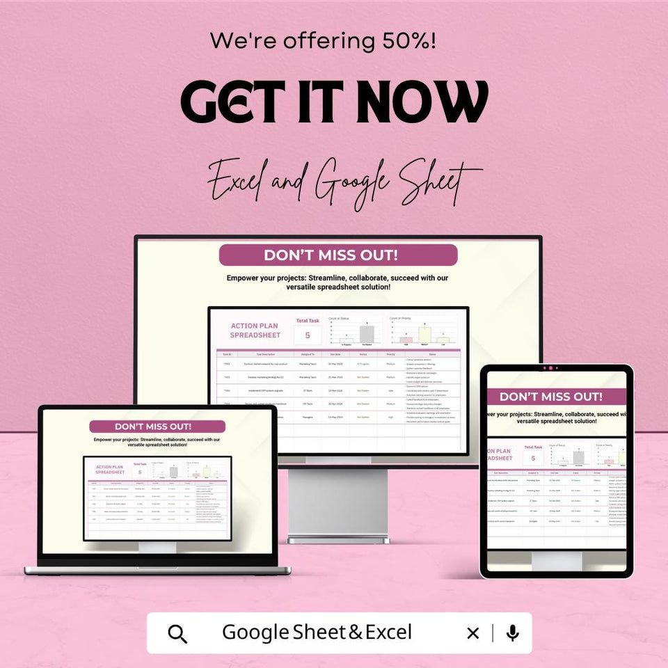 Action Plan Spreadsheet - Excel & Google Sheet Template for Task Management, Project Planning, Collaboration - 50% Off
