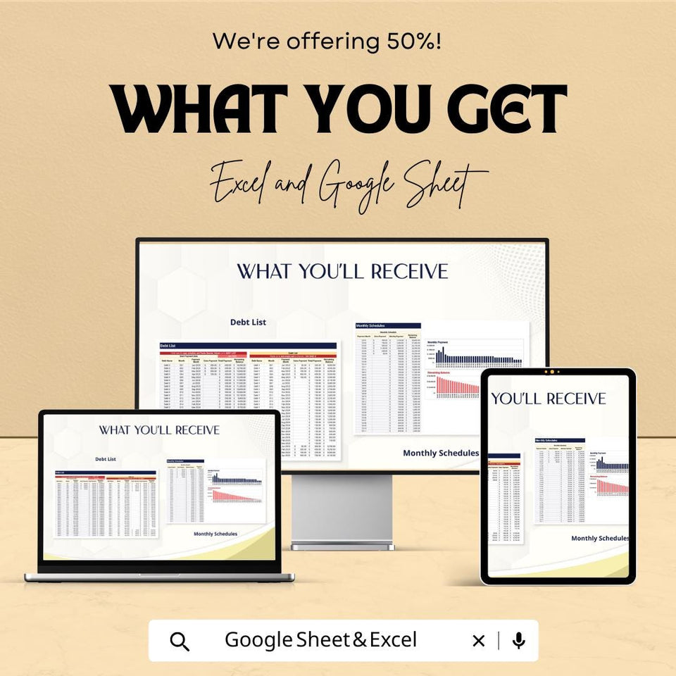 Debt Pay-Off Calculator Sheet – Excel & Google Sheets Template for Debt Management – 50% Off