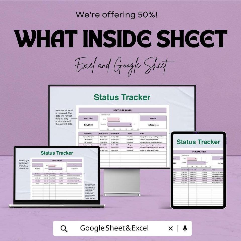Status Tracker Sheet for Google Sheets - Task Progress Tracker, Project Management Template, Task List Tracker, Productivity Tracker,