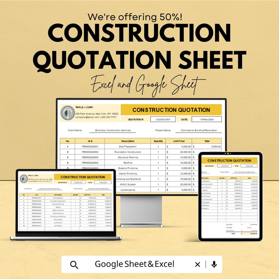 Construction Quotation Template for Excel & Google Sheets – 50% Off – Professional Project Estimation Tool